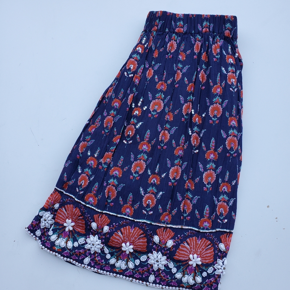 Maeve Small Adela Skirt Anthropologie Shell Beaded Boho Midi Blue Red Flowers